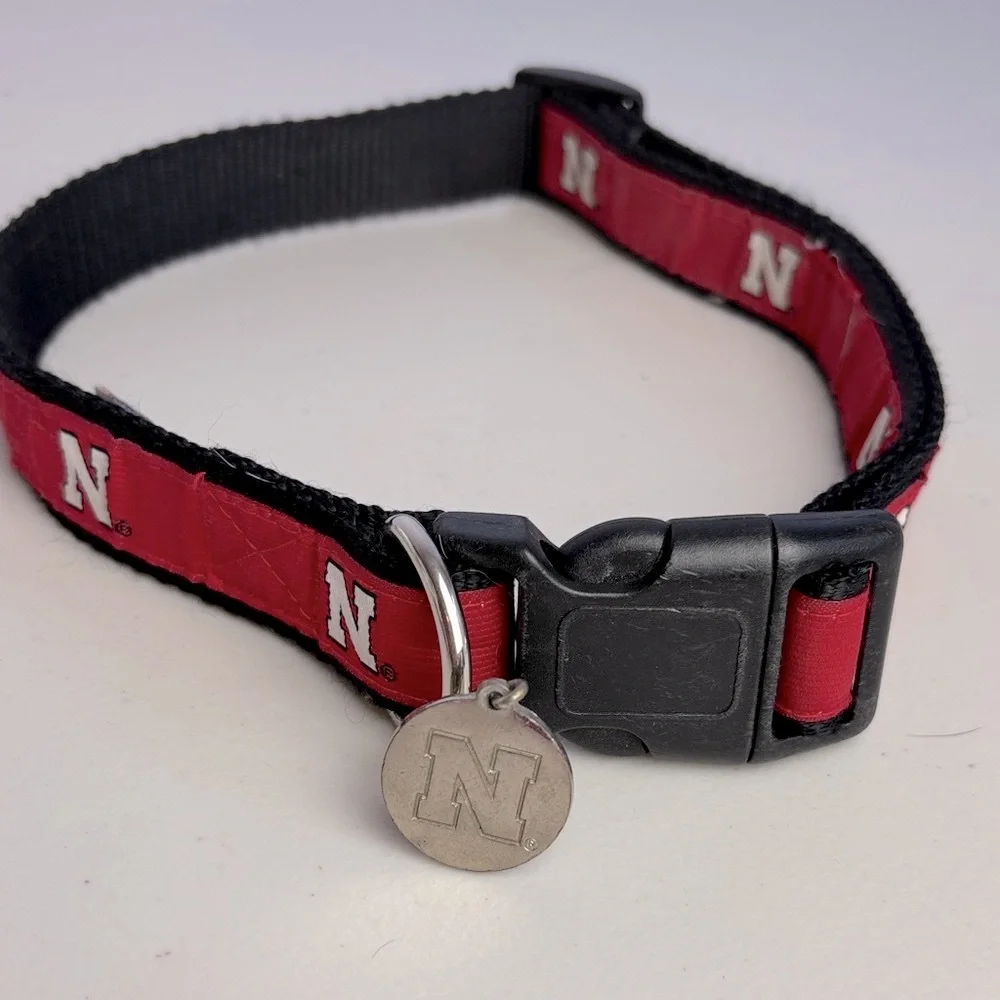 Nebraska Go Big Red Dog Collar with Nebraska N Football Logo Charm